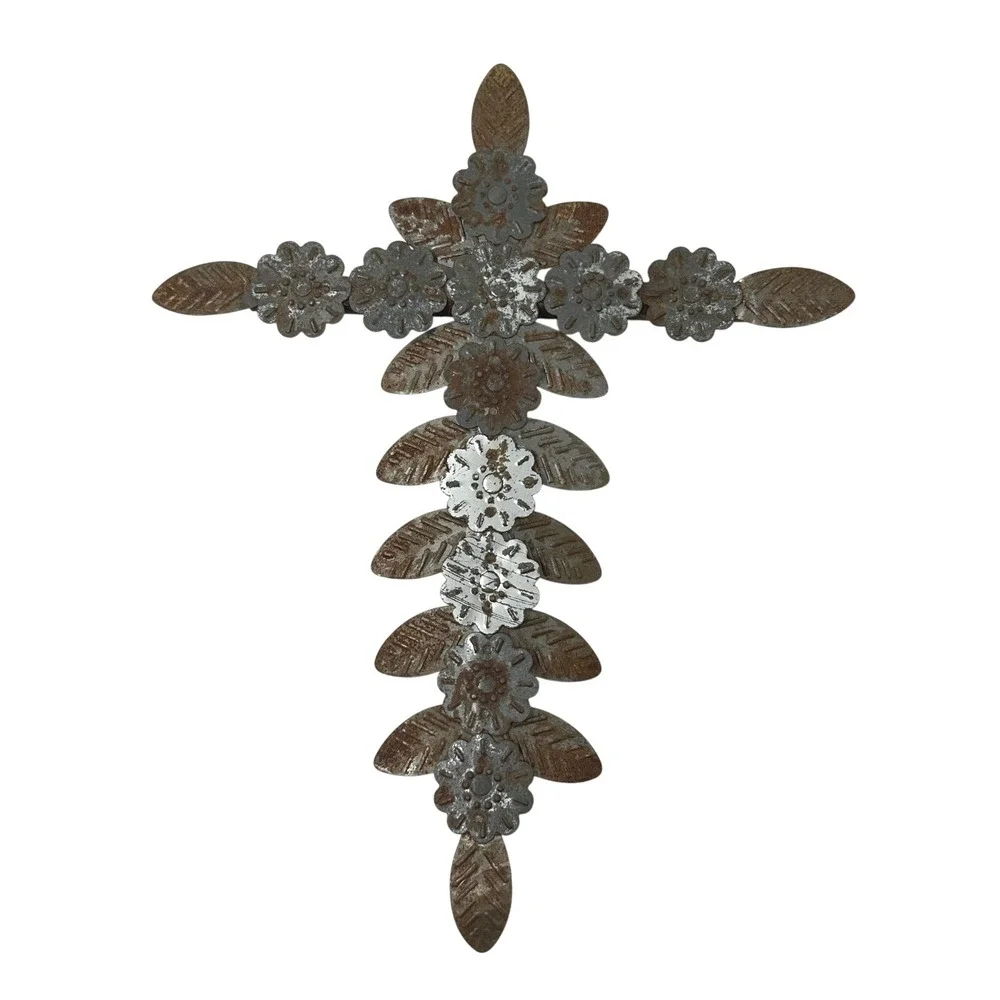 Rustic Distressed Metal Floral Wall Cross Brown Silver Weathered Farmhouse 11.5